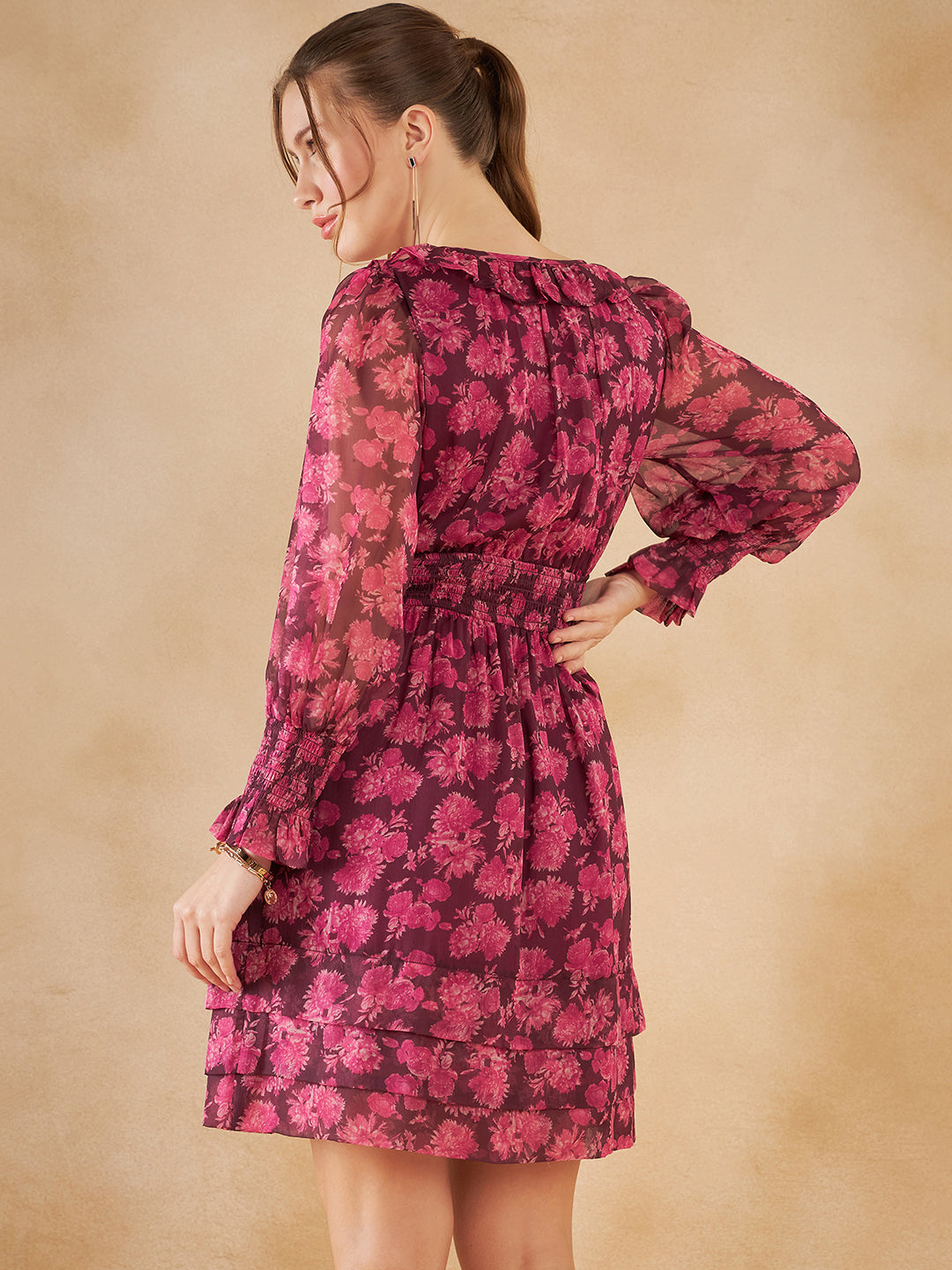 Wine Floral Printed Smocked Knee Length Dress