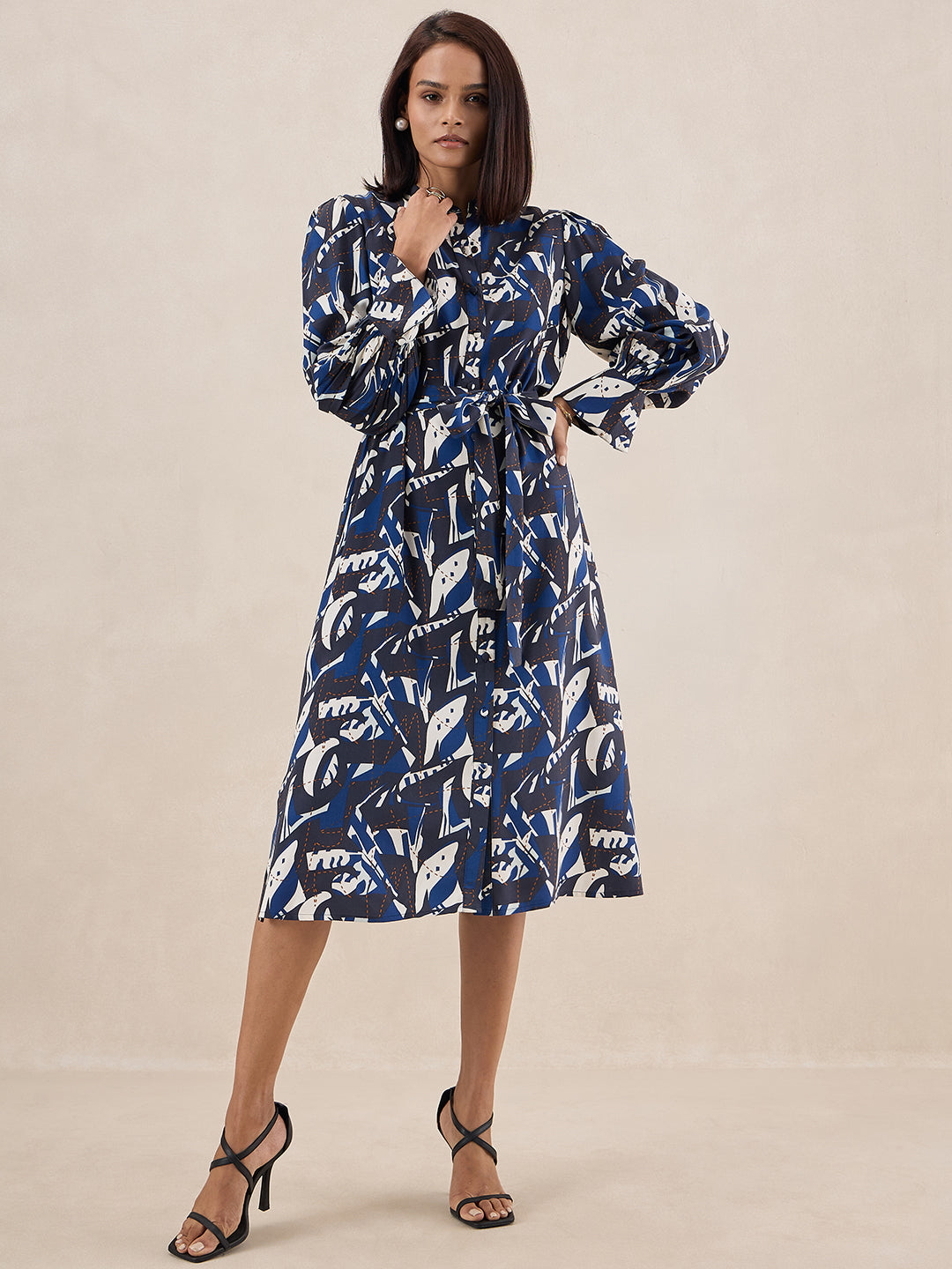 Blue Abstract Printed Belted Midi Dress