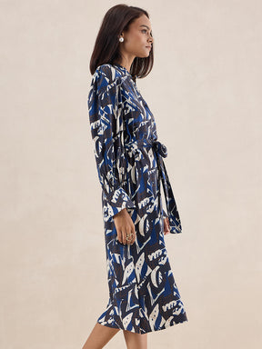 Blue Abstract Printed Belted Midi Dress