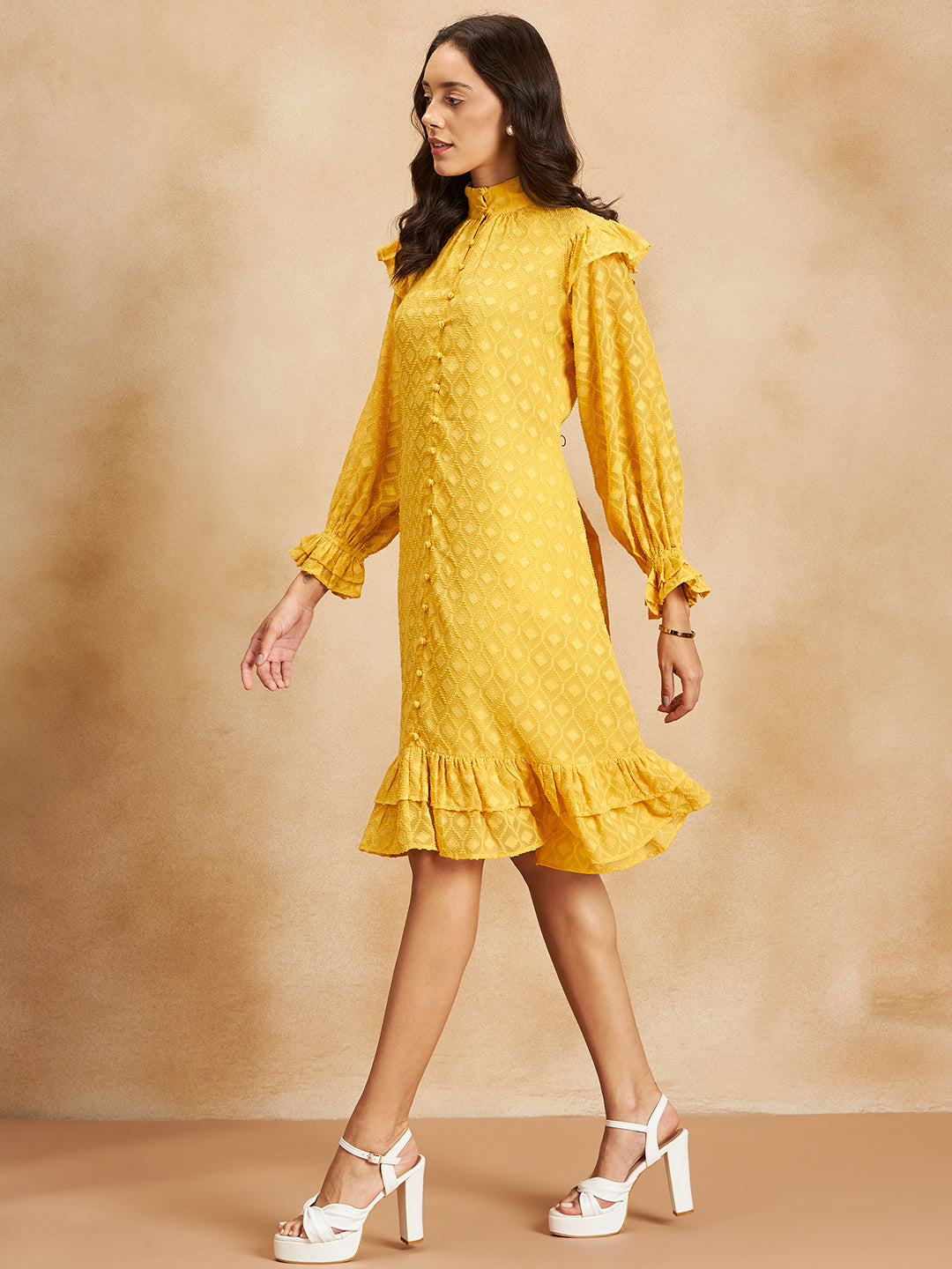 Yellow Dobby A-Line  Midi Dress
