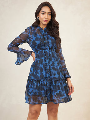 Blue Floral Printed Button Down Mini Dress