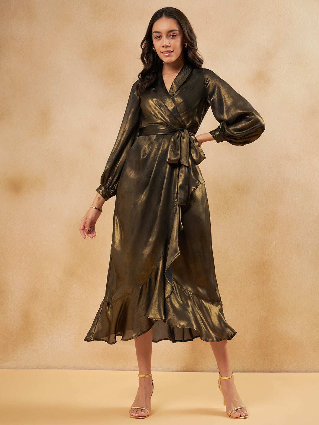 Gold Foil Print Cascade Ruffle Maxi Dress