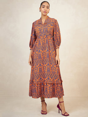 Rust And Navy Printed Tiered Maxi Dress