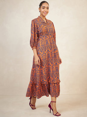 Rust And Navy Printed Tiered Maxi Dress