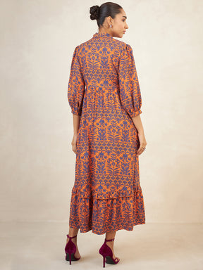 Rust And Navy Printed Tiered Maxi Dress