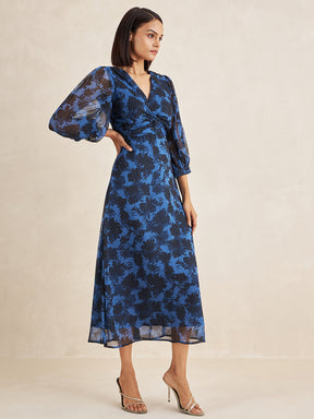 Blue Floral Print Front Twisted Maxi Dress