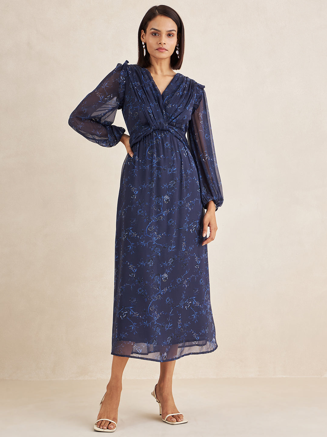 Navy Floral Print Front Twist Maxi Dress