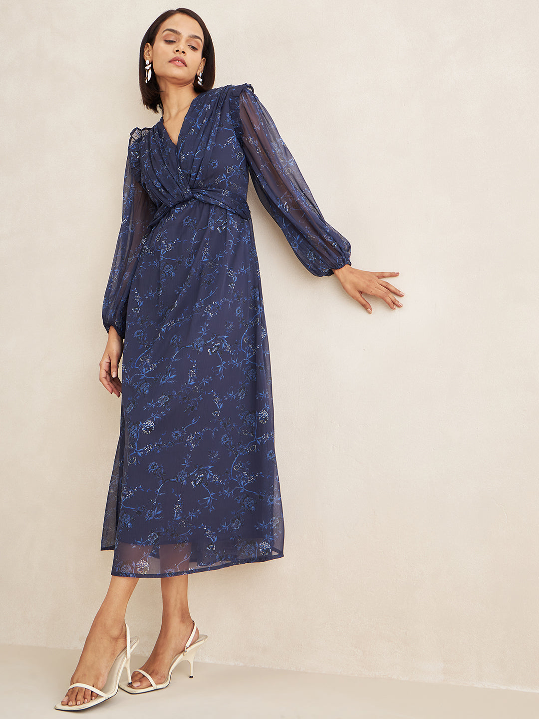 Navy Floral Print Front Twist Maxi Dress