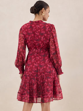 Red Floral Print Tiered Knee Length Dress