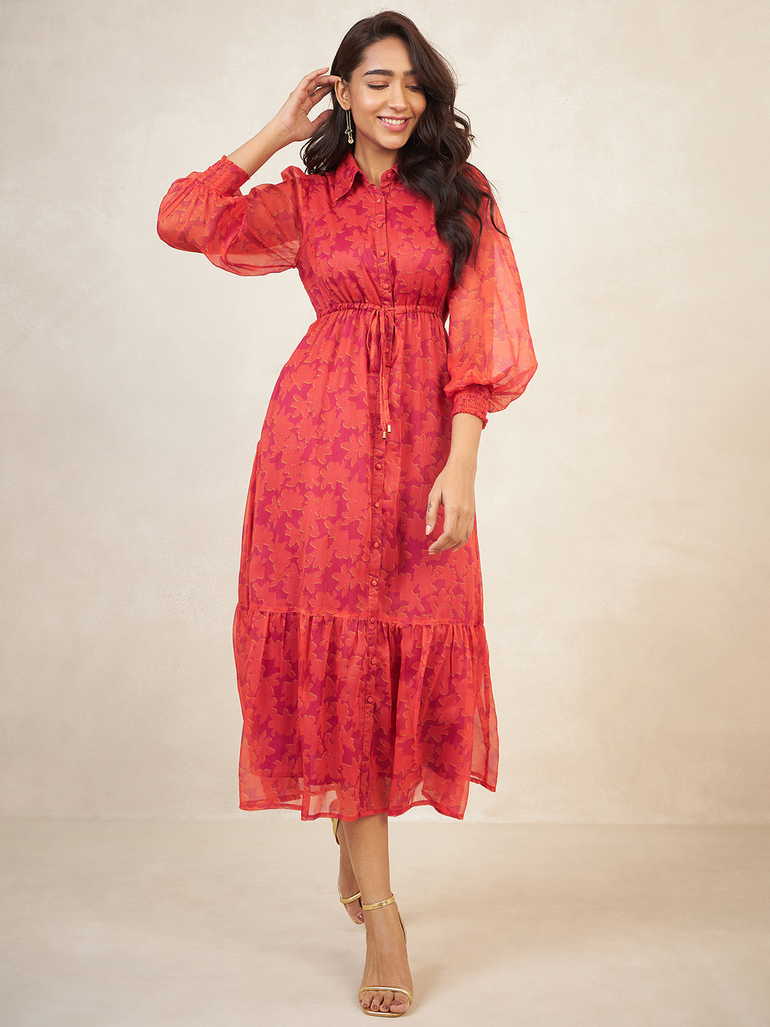 Pink Floral Print Button Down Maxi Dress