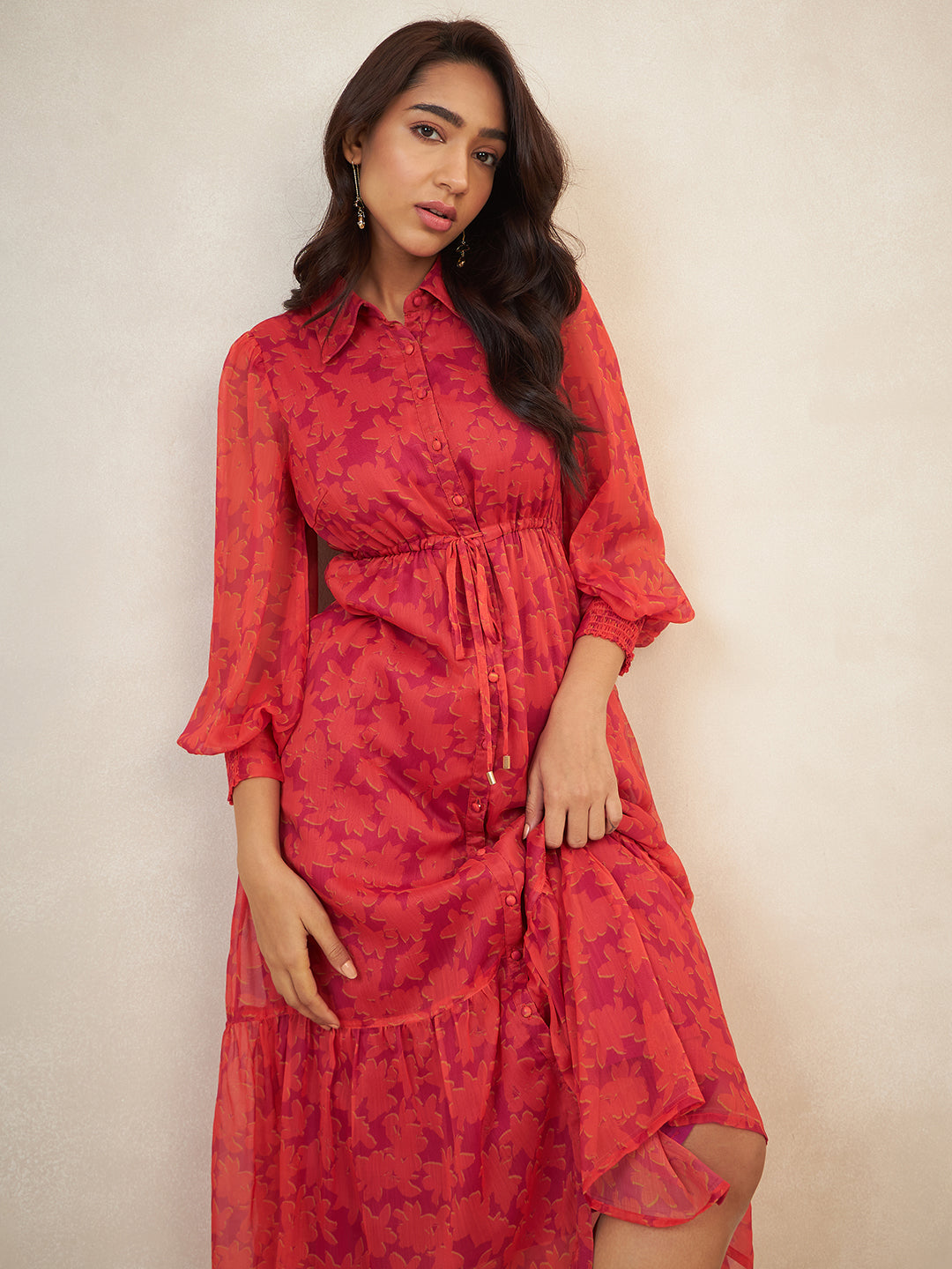 Pink Floral Print Button Down Maxi Dress