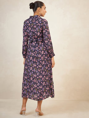 Navy Floral Knot Detail Maxi Dress