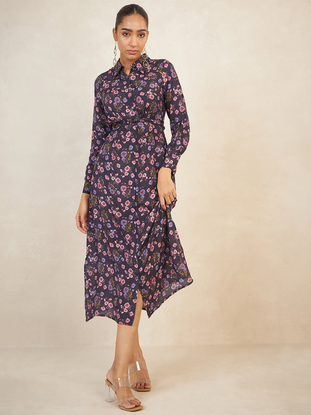 Navy Floral Knot Detail Maxi Dress