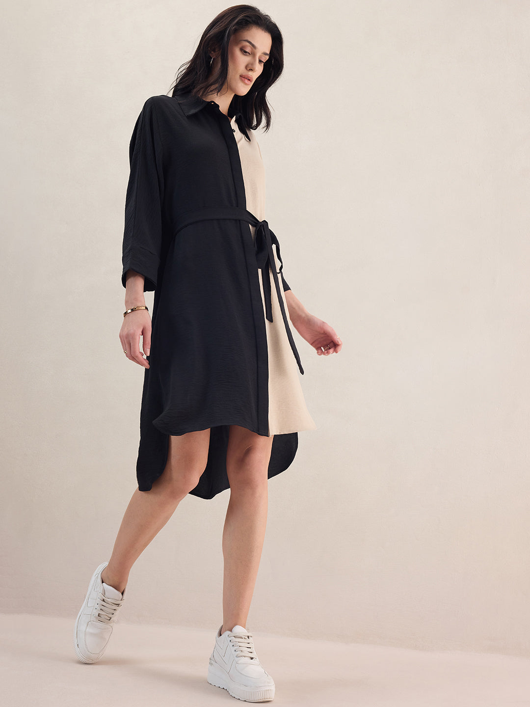 Black And Beige Button Down Midi Dress