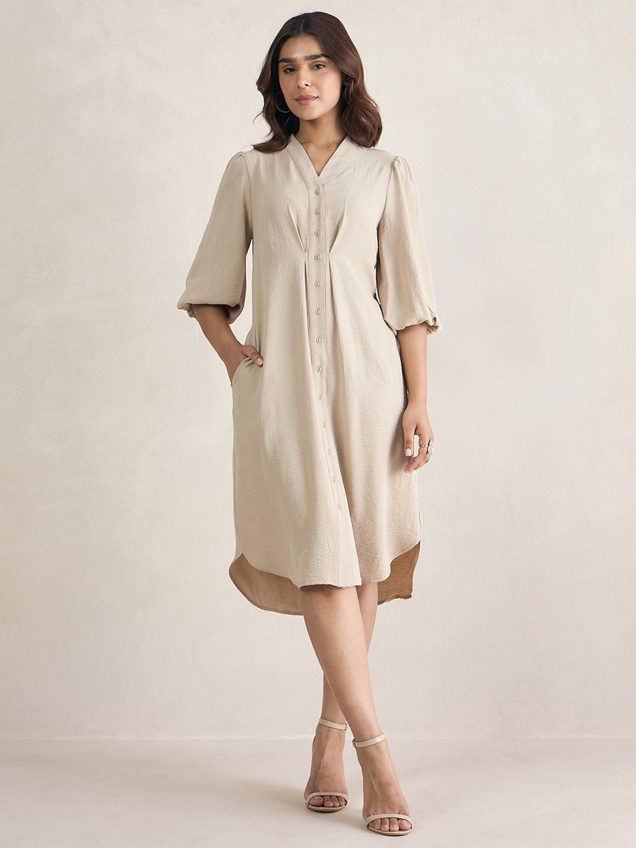 Beige Button Down Midi Dress