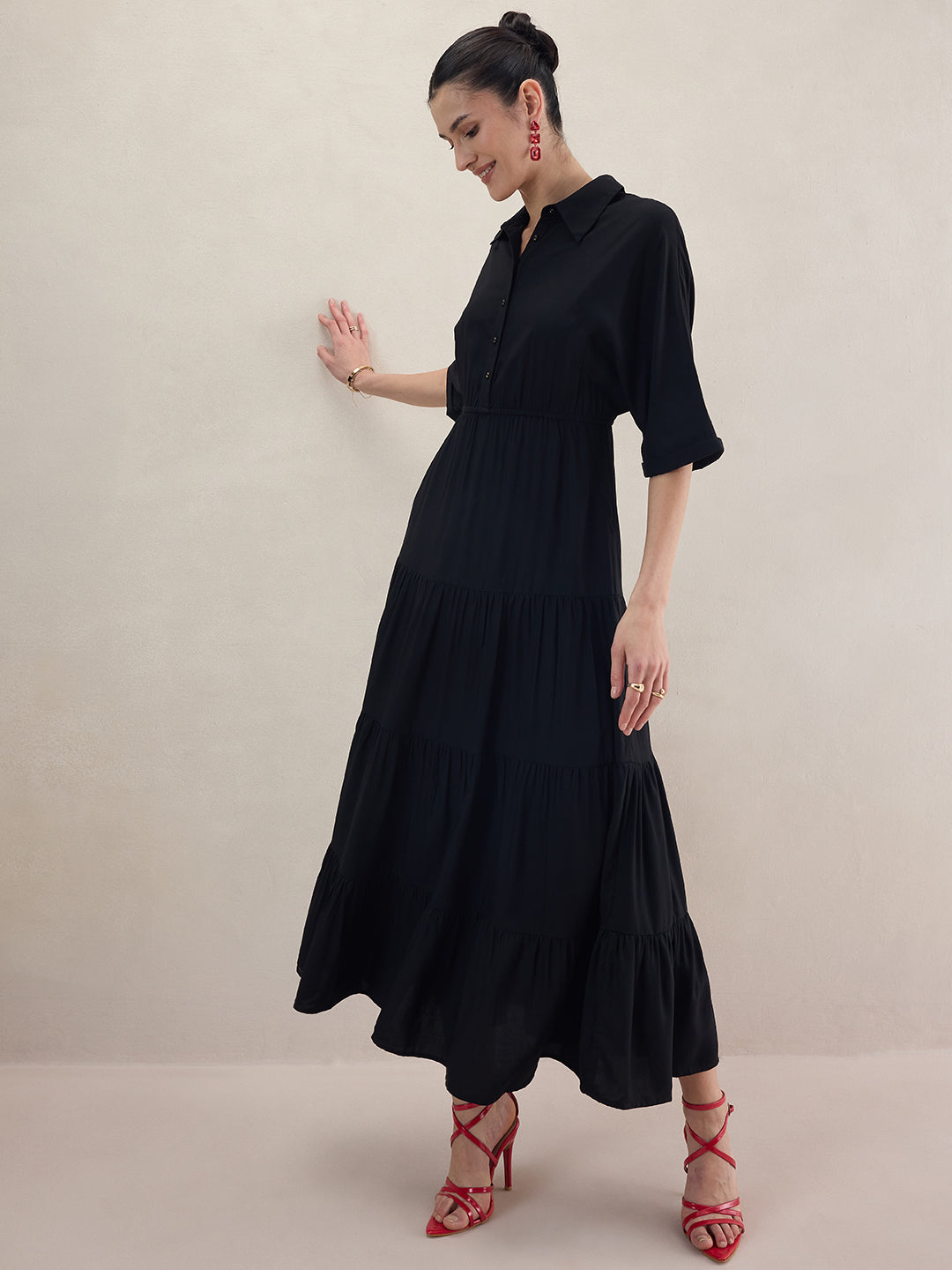 Black Kimono Sleeve Tiered Maxi Dress