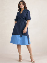 Navy Button Down Colorblock Midi Dress