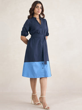 Navy Button Down Colorblock Midi Dress