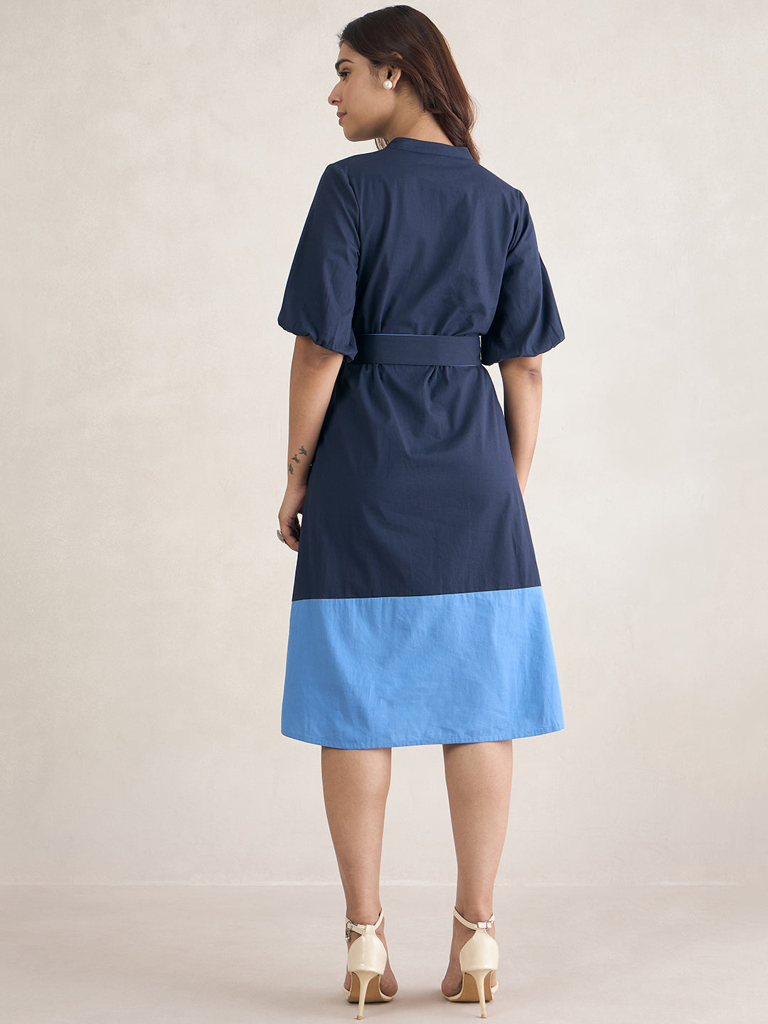 Navy Button Down Colorblock Midi Dress