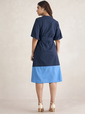 Navy Button Down Colorblock Midi Dress