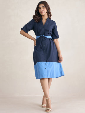 Navy Button Down Colorblock Midi Dress