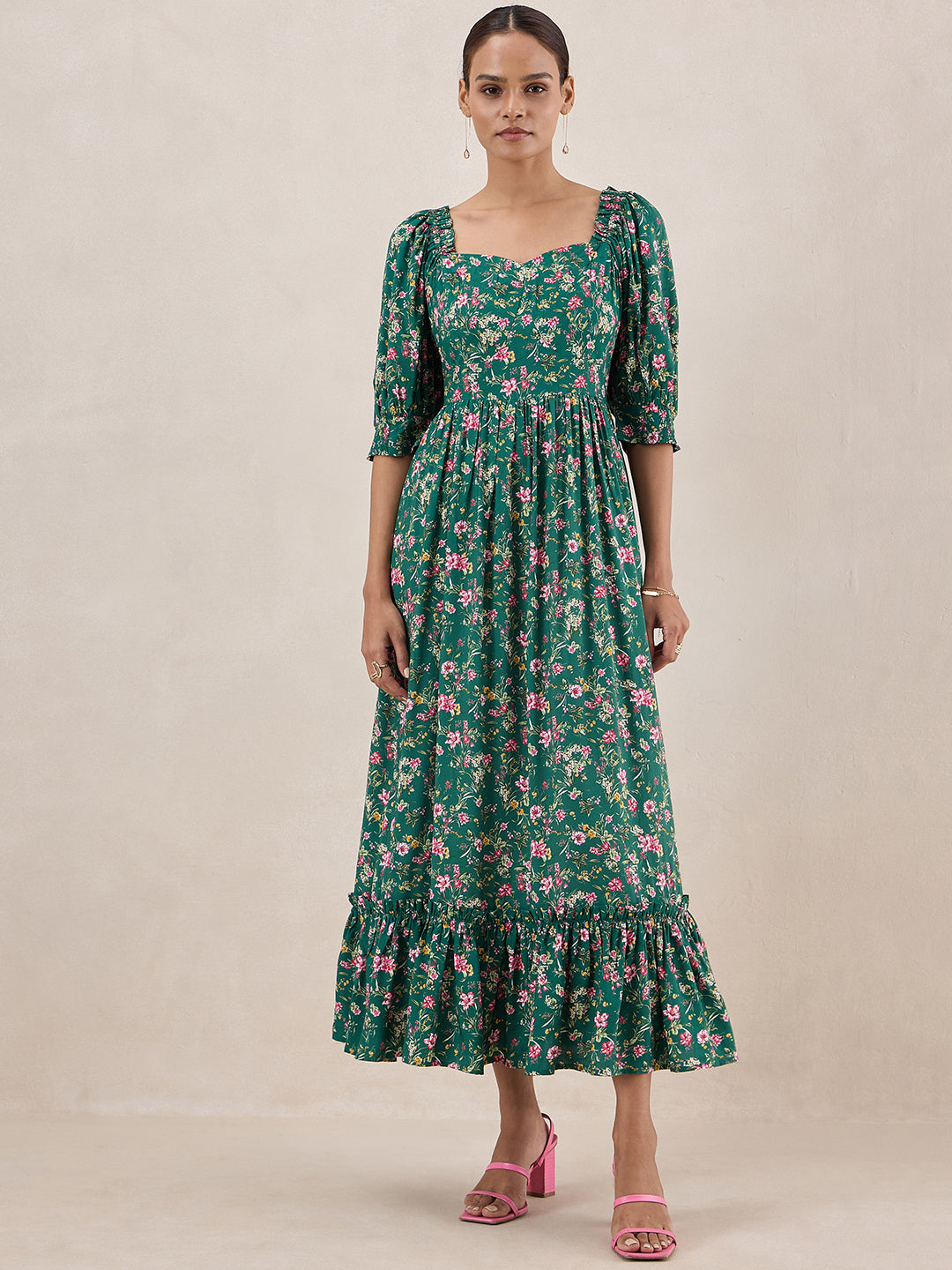 Green Floral Tiered Maxi Dress