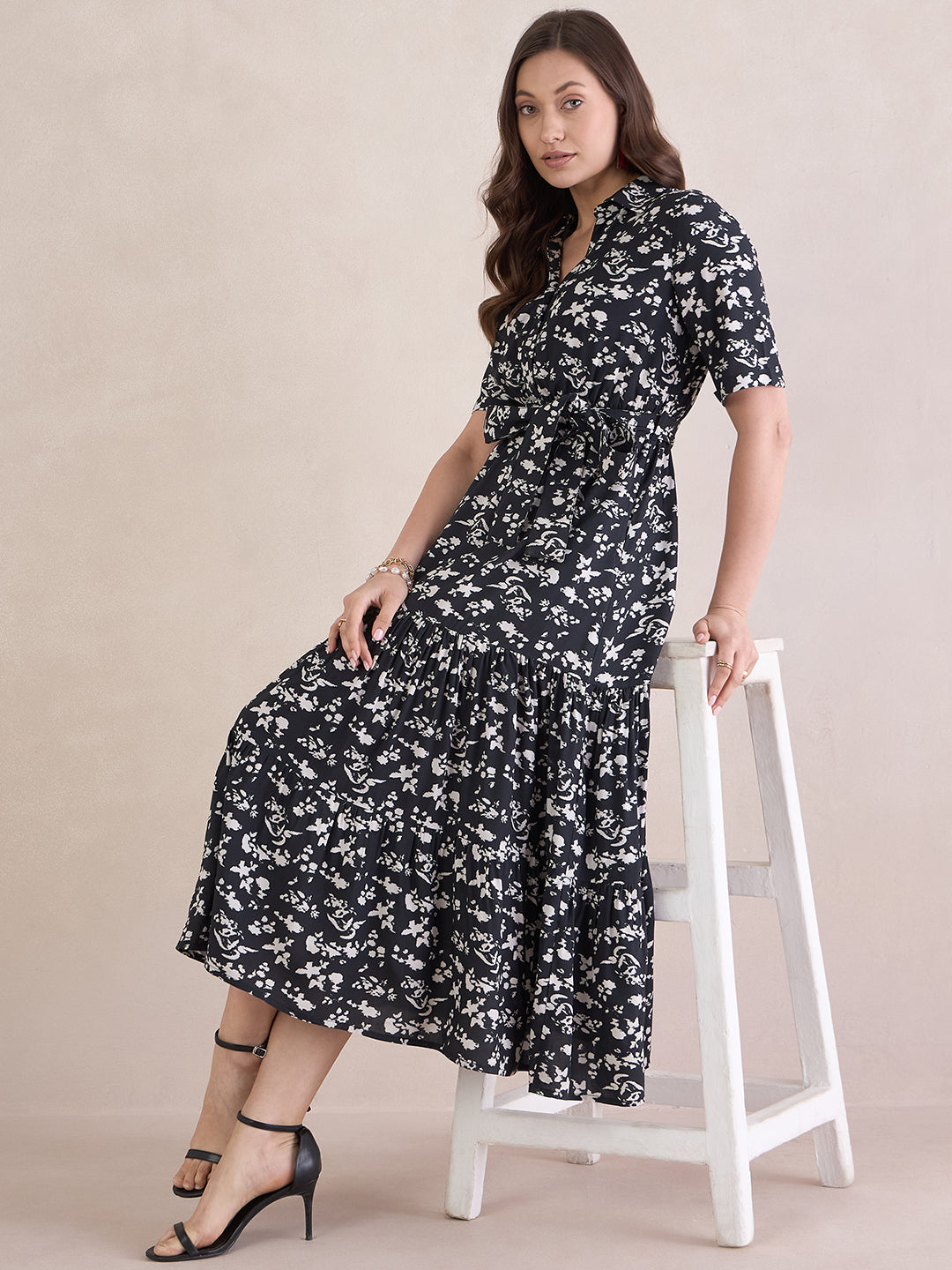 Black Abstract Print Tiered Maxi Shirt Dress