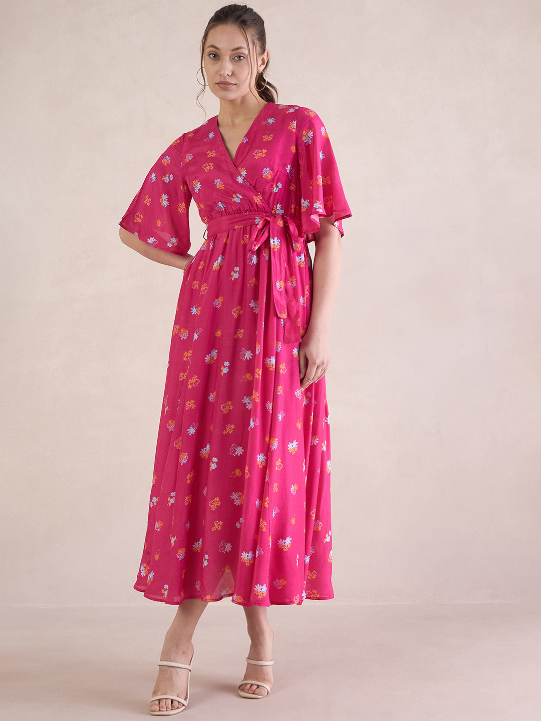 Pink Floral Chanderi Wrap Maxi Dresss