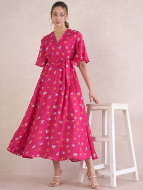 Pink Floral Chanderi Wrap Maxi Dresss