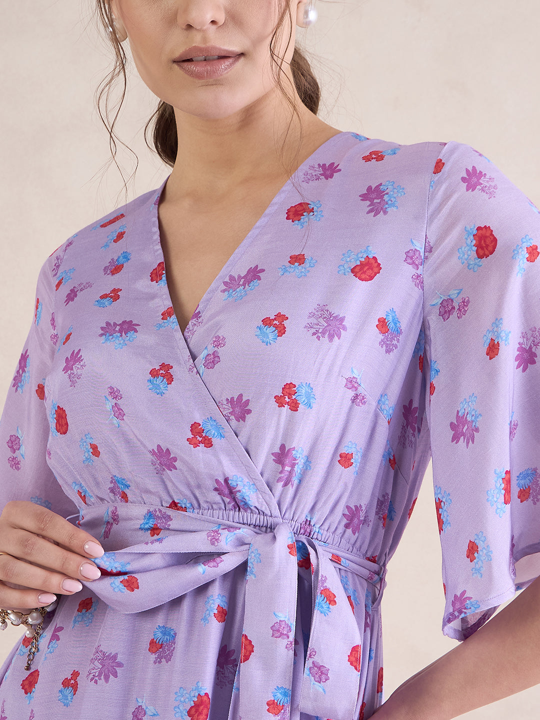 Lilac Floral Chanderi Wrap Maxi Dress