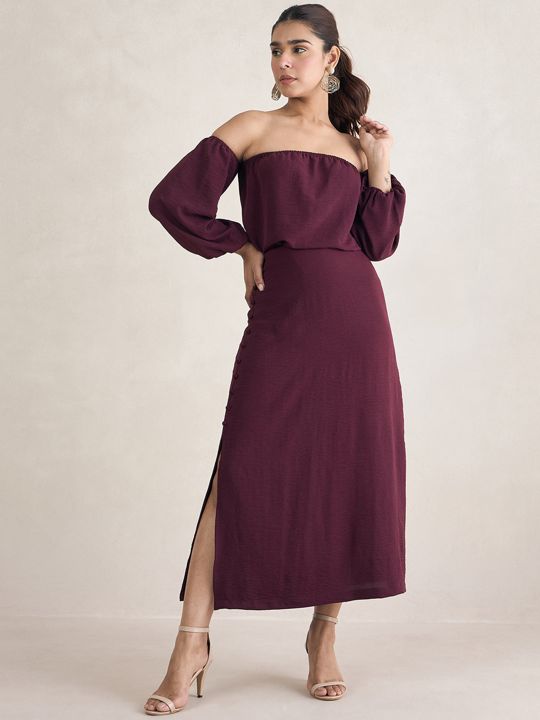 Wine Off Shoulder Skirt Co-Ord Set