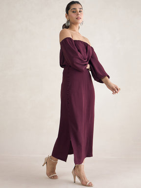 Wine Off Shoulder Skirt Co-Ord Set