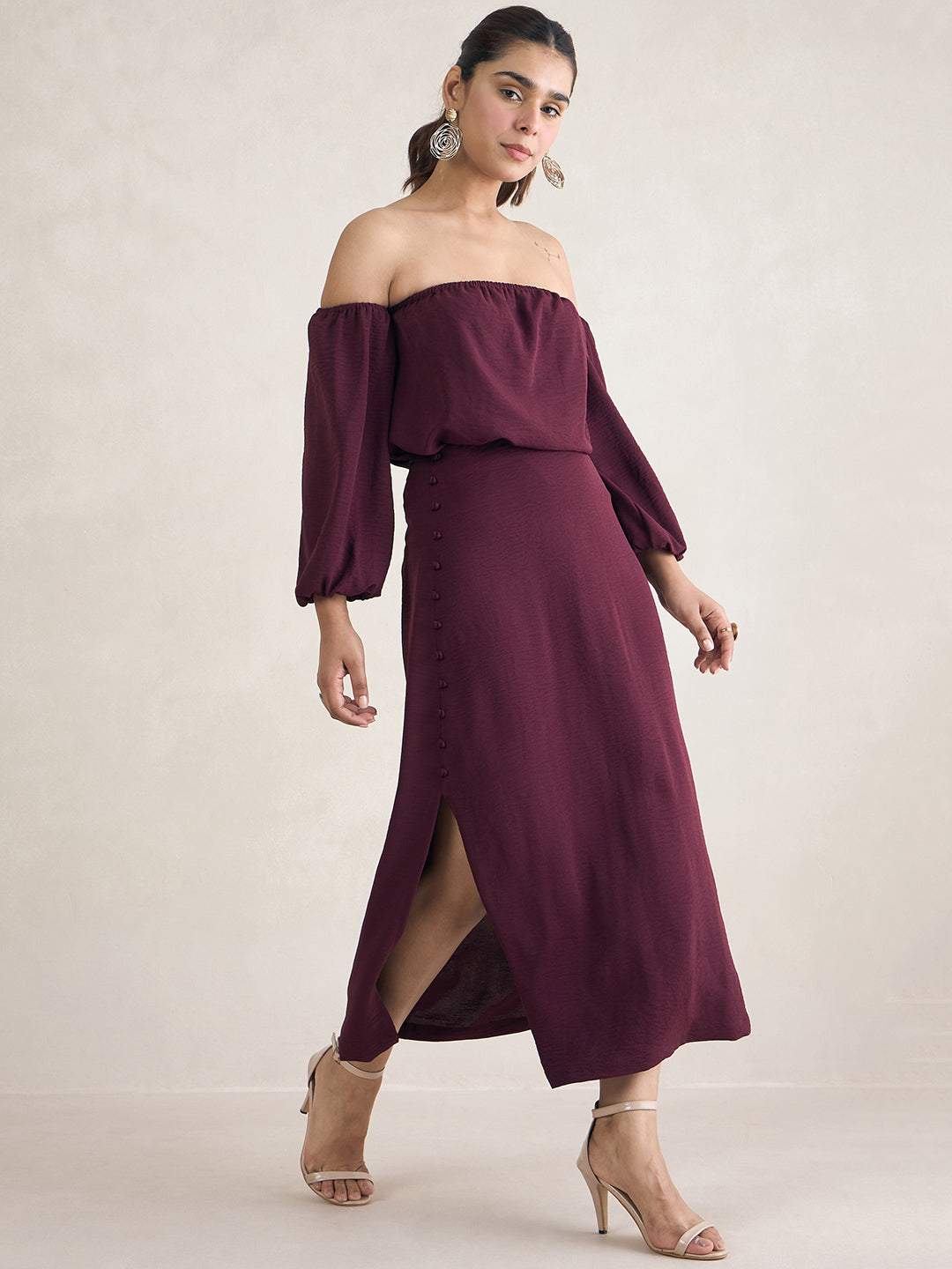 Wine Off Shoulder Skirt Co-Ord Set