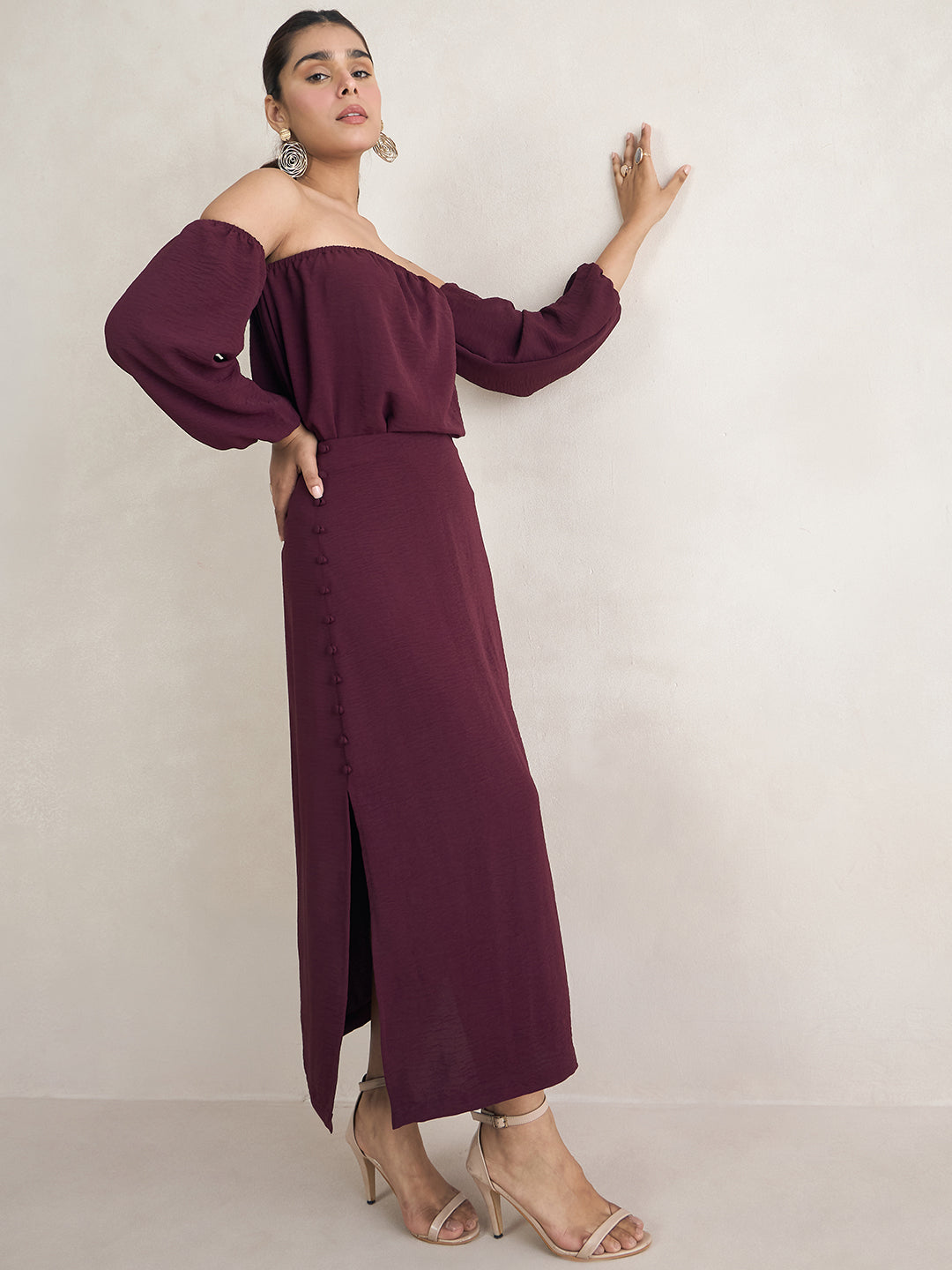 Wine Off Shoulder Skirt Co-Ord Set