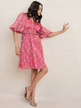 Pink Floral Print Balloon Sleeves Knee Length Dress