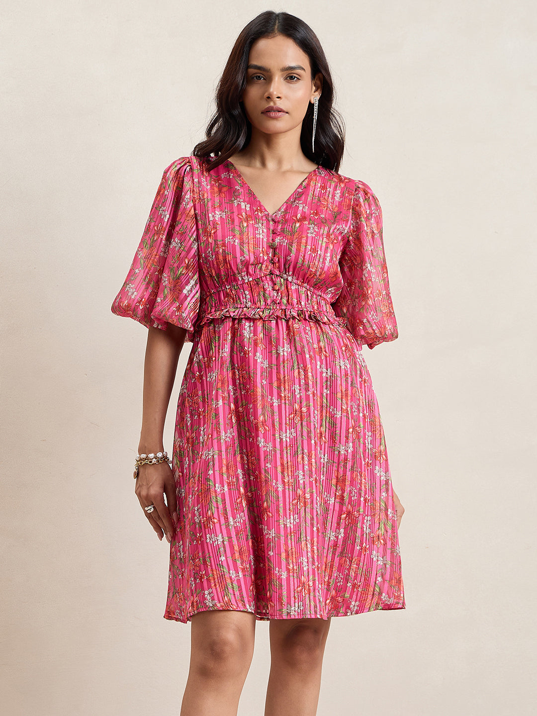 Pink Floral Print Balloon Sleeves Knee Length Dress