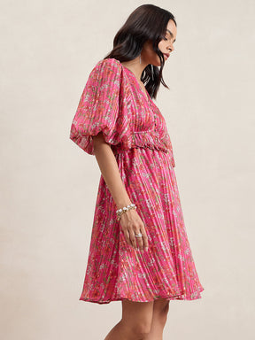 Pink Floral Print Balloon Sleeves Knee Length Dress