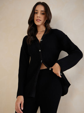 Black Solid Buttondown Co-Ord Set