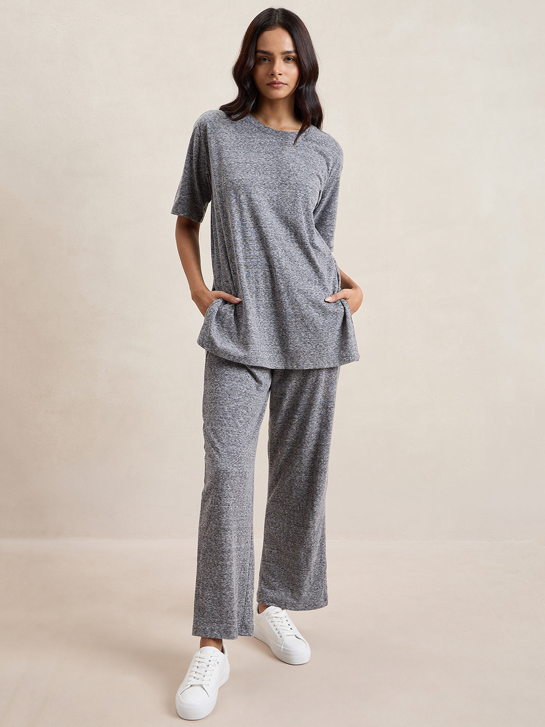 Grey Melange Side Slit Co-Ord Set