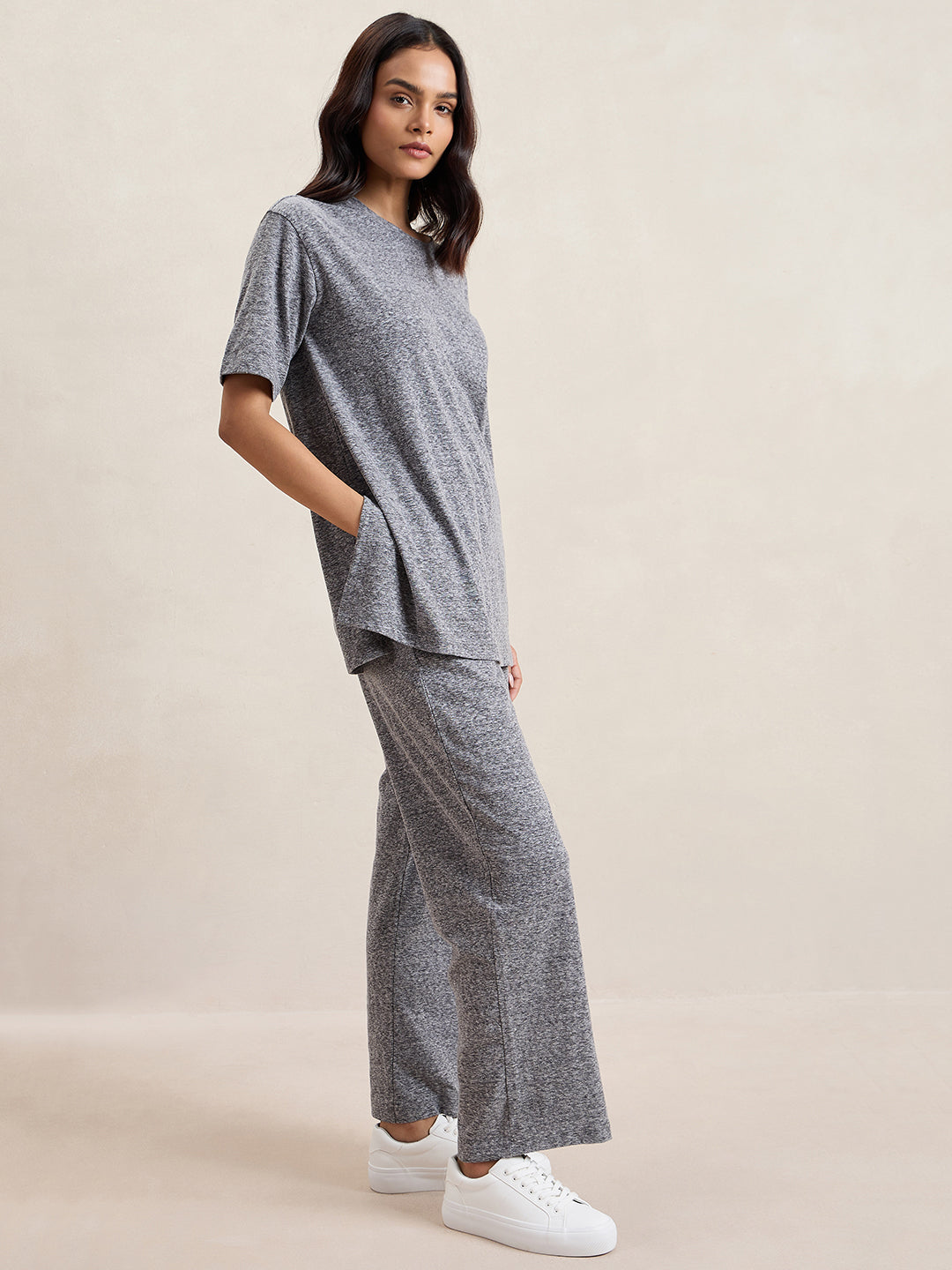 Grey Melange Side Slit Co-Ord Set