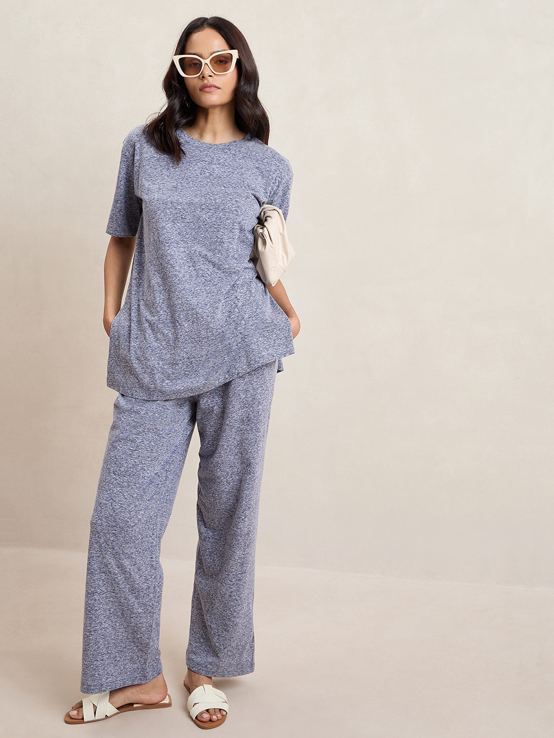 Blue Melange Side Slit Co-Ord Set