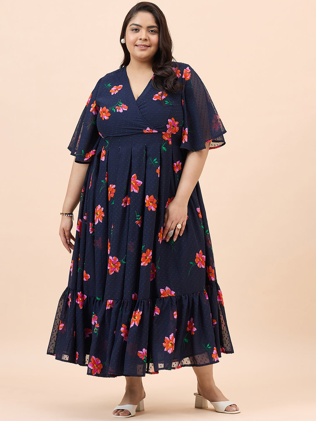 Navy Dobby Printed Wrap Maxi Dress