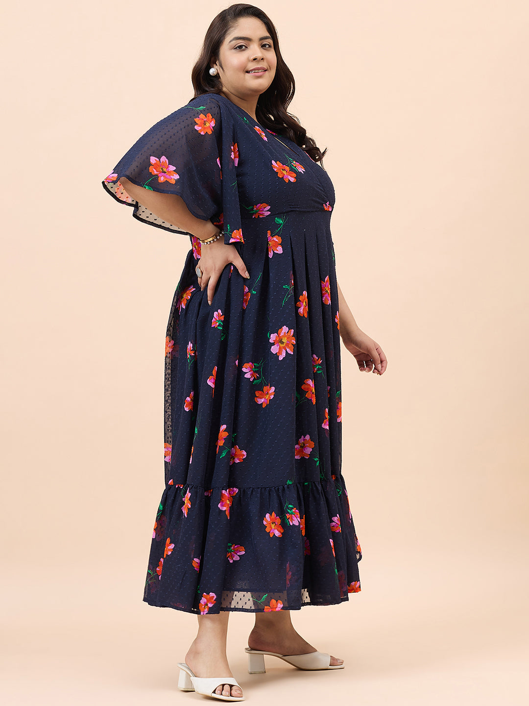 Navy Dobby Printed Wrap Maxi Dress