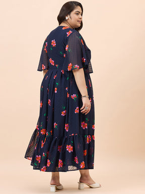 Navy Dobby Printed Wrap Maxi Dress