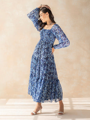 Blue Floral Tiered Maxi Dress